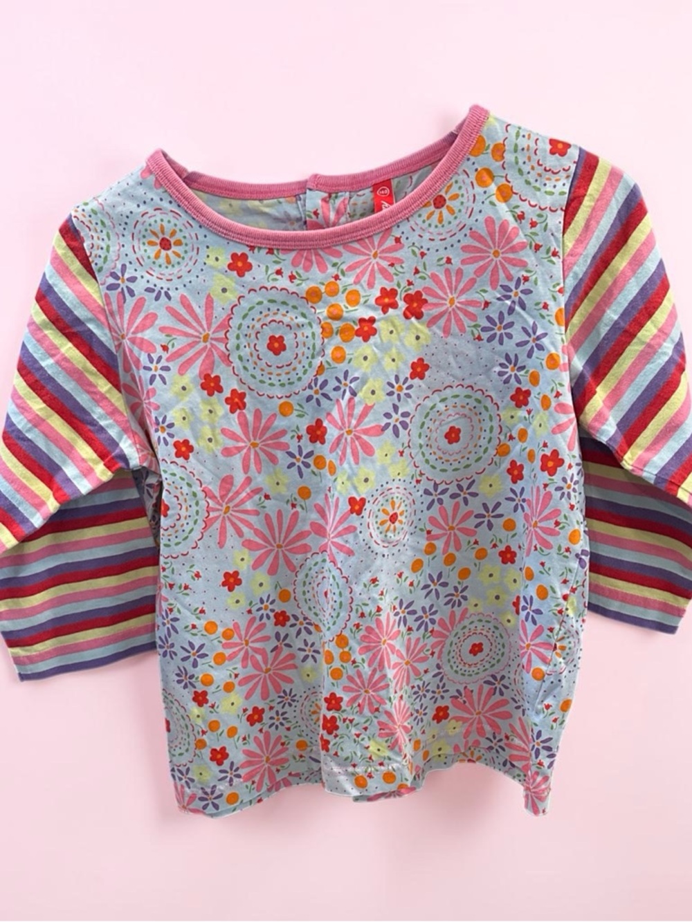 Hanna Anderson Girl’s Floral Top with Striped Sleeves Sz 140 (10 us size)